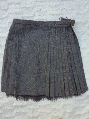 Pleated Tweed Circle Skirt with Lace Hem - Gray